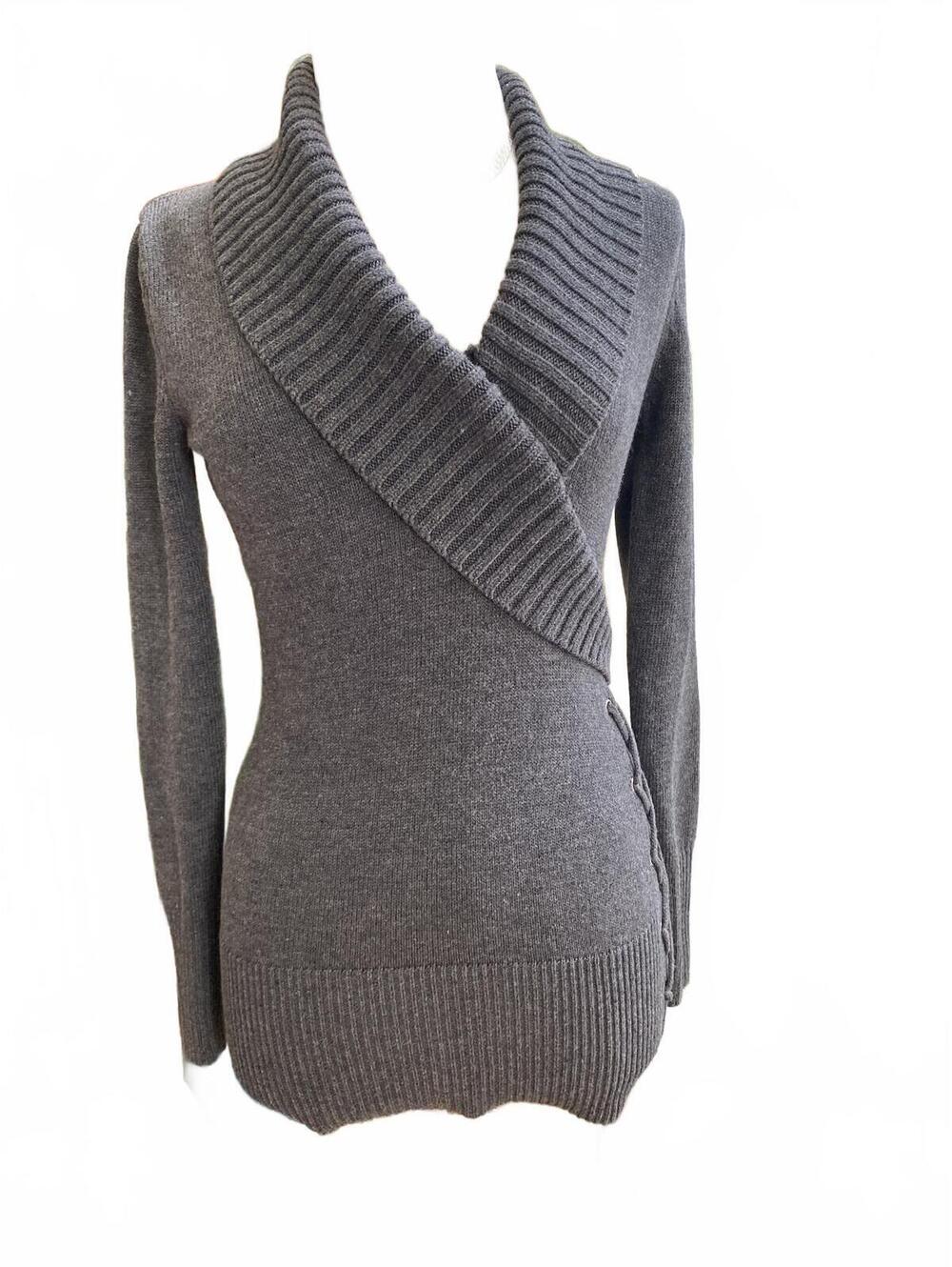 Patty Bouitic Gray Ribbed Shawl Collar Knit Sweater Medium